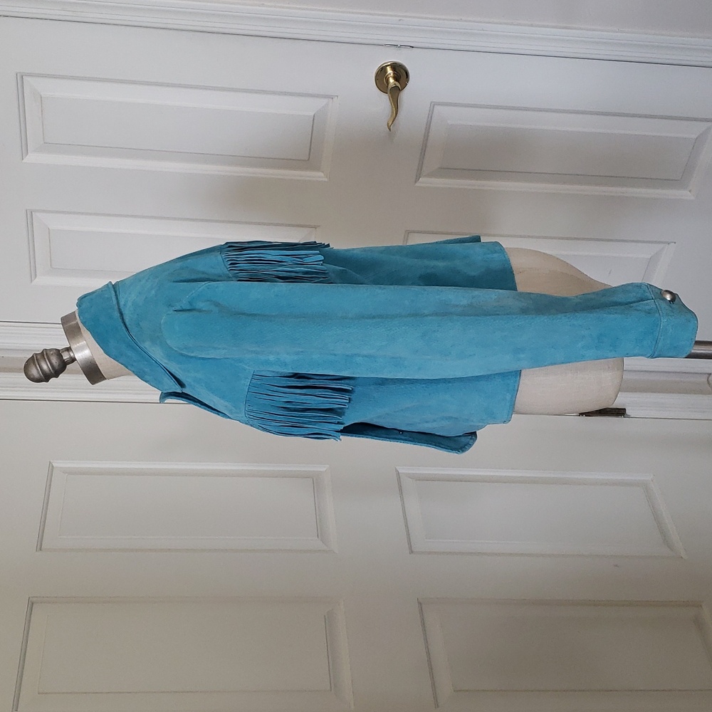 Vintage Margaret Godfrey Turquoise Suede Fringe Western Jacket Cowgirl Rodeo 12 - Picture 3 of 16